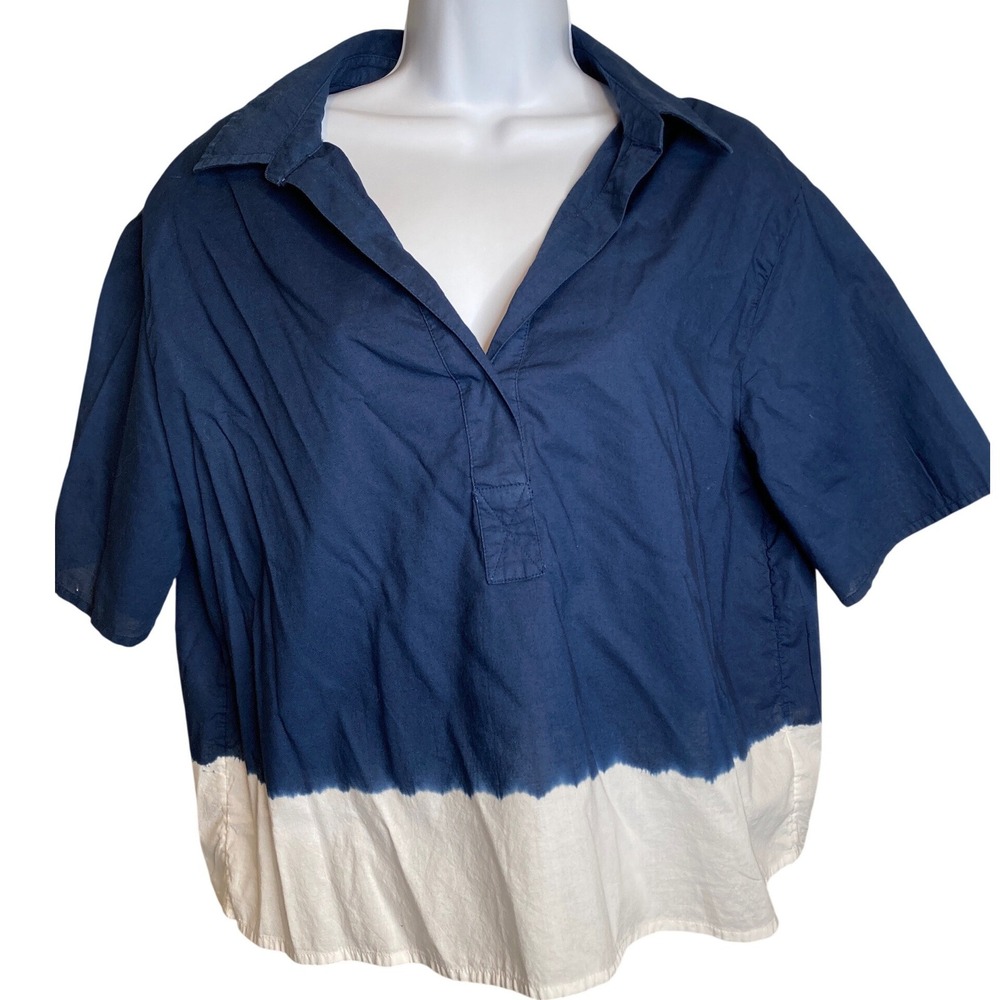 Talbots Womens Blue White Dip Dye Popover Blouse Sz M Nautical Preppy Breathable